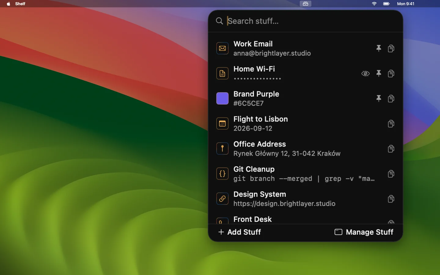 Shelf's search popover open from the Mac menu bar