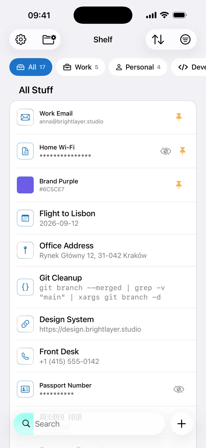 Shelf on iPhone - folder strip above the list, pinned rows first