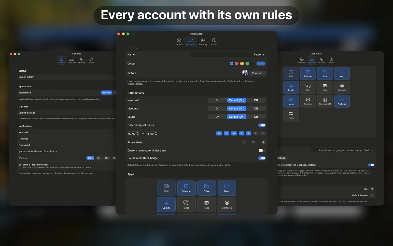 Per-account settings: colours, apps, quiet hours, and which account answers links