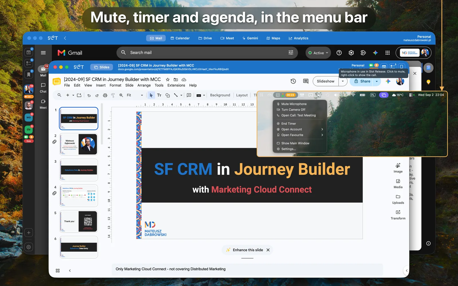 Slot's menu bar item with its menu open over a document window: mute, the call, a running timer, accounts and favourites