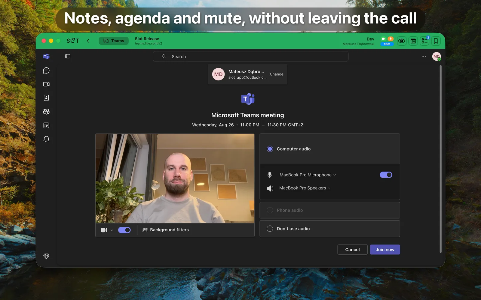 A live call and the next meeting, as pills under the account tile