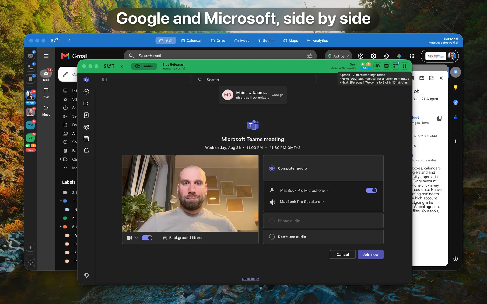 A Microsoft account in its own colour, every other account one click away on the rail
